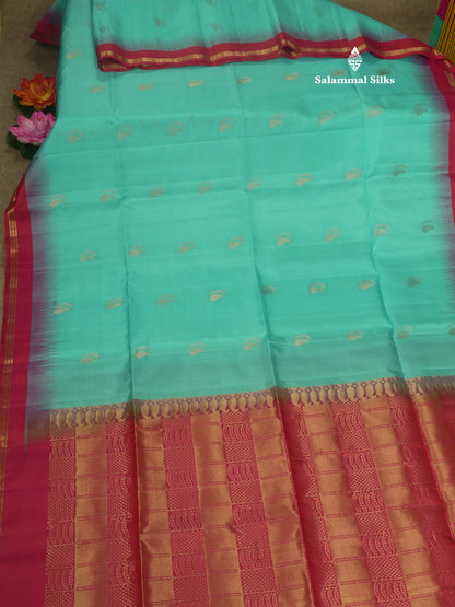 Parrot Green Pure Kanjivaram Soft Silk Saree With Contrast Pink Small Traditional Border