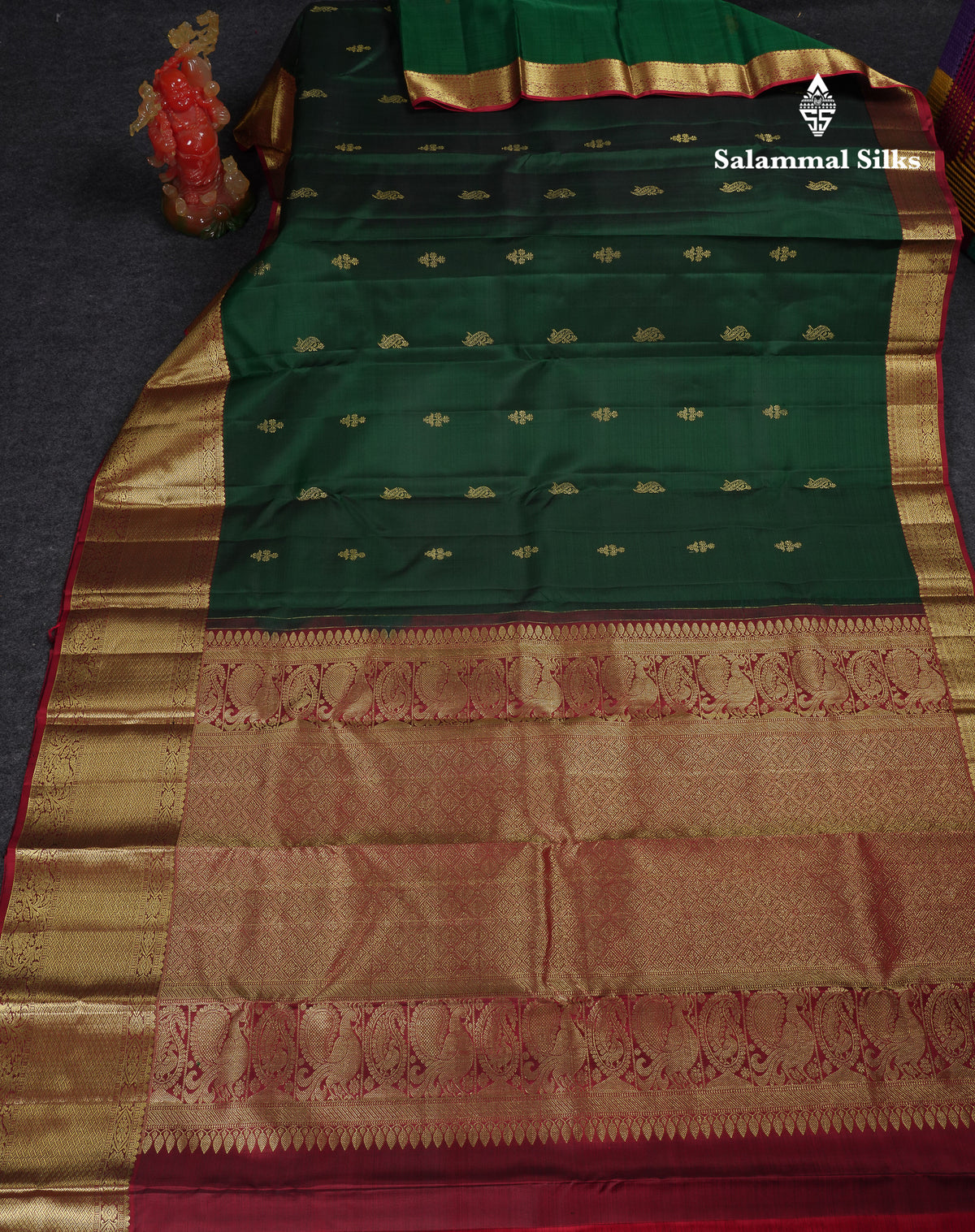 Beautiful Bottle Green Pure Kanjivaram Silk Saree With Contrast Dark Maroon Traditional Evening Morning Border