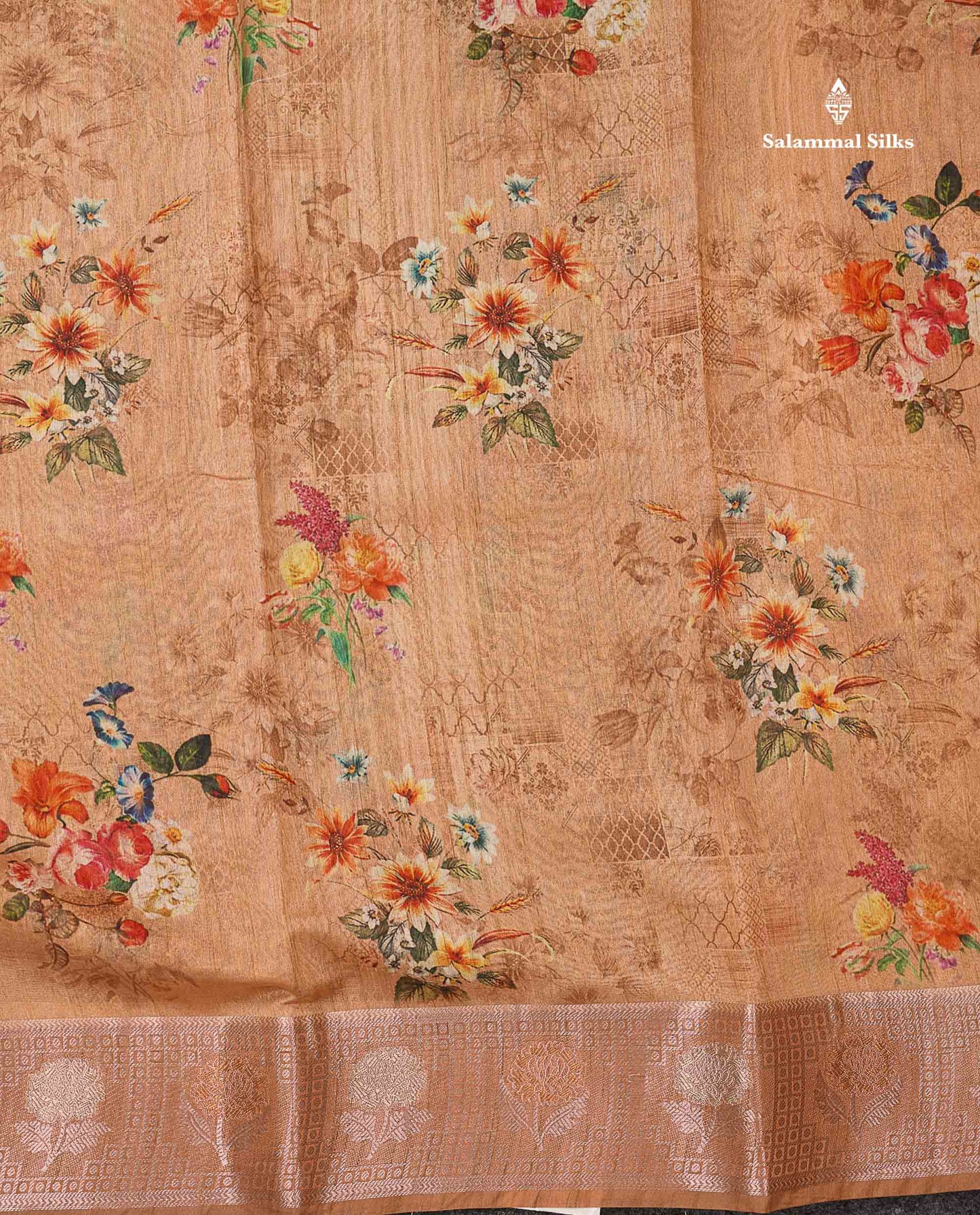 Beautiful Light Chocolate Floral Design Cotton Mix Saree With Copper & Silver Zari Fancy Border