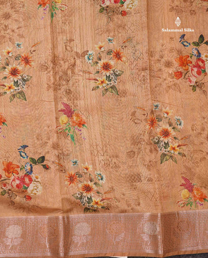Beautiful Light Chocolate Floral Design Cotton Mix Saree With Copper & Silver Zari Fancy Border