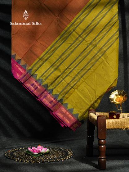 Beautiful Grey Plain Pure Chettinad  Cotton Saree With Violet Thread Work Traditional Temple And Double Border