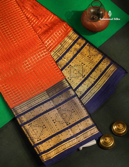 Rust Orange Small Zari Checks Pure Kanjivaram Silk Saree With Contrast Navy Blue Traditional Border