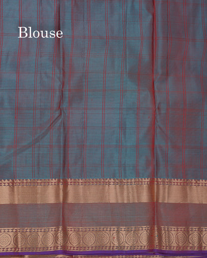 Beautiful Magenta Checks With Butta Pure Kanjivaram Silk Saree With Contrast Dual Tone Blue Traditional Border