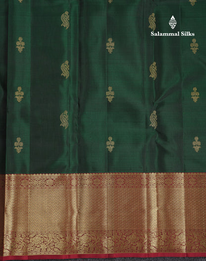 Beautiful Bottle Green Pure Kanjivaram Silk Saree With Contrast Dark Maroon Traditional Evening Morning Border