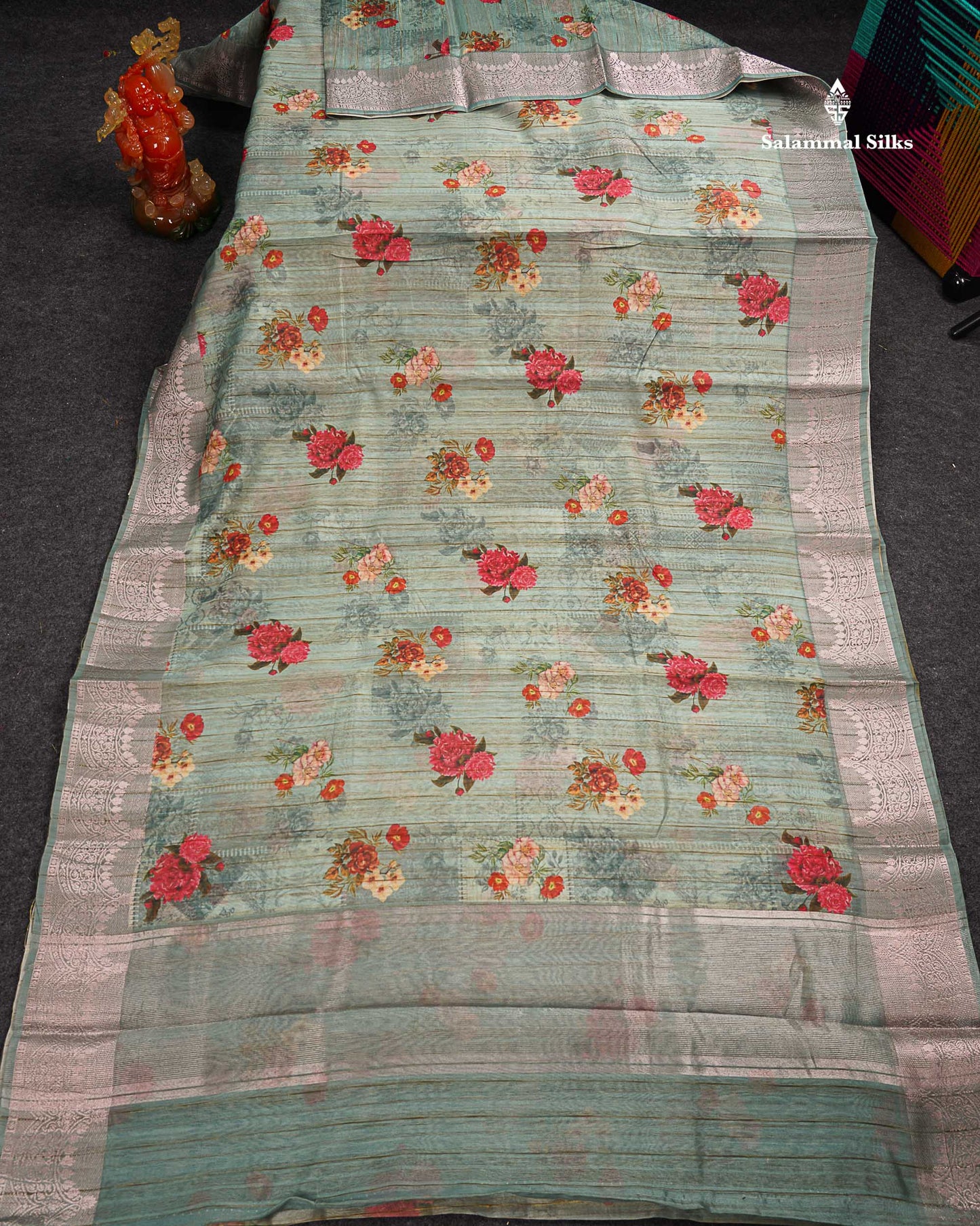 Beautiful Light Pista Green Floral Design Cotton Mix Saree With Fancy Border