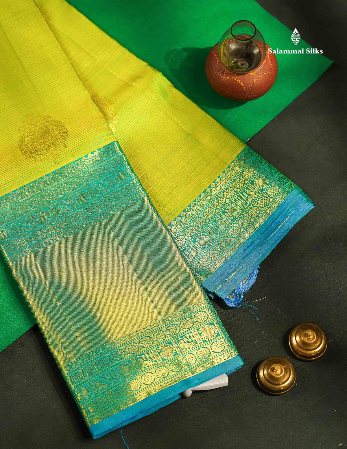 Beautiful Parrot Green Vaira Oosi Lines With Butta Pure Kanjivaram Silk Saree With Contrast Sapphire Blue Traditional Evening Morning Border