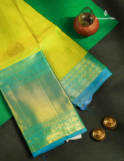 Beautiful Parrot Green Vaira Oosi Lines With Butta Pure Kanjivaram Silk Saree With Contrast Sapphire Blue Traditional Evening Morning Border