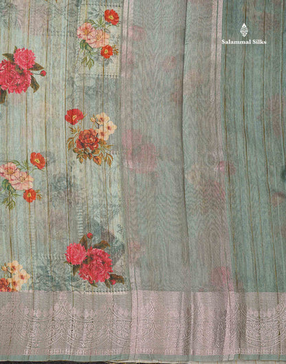 Beautiful Light Pista Green Floral Design Cotton Mix Saree With Fancy Border