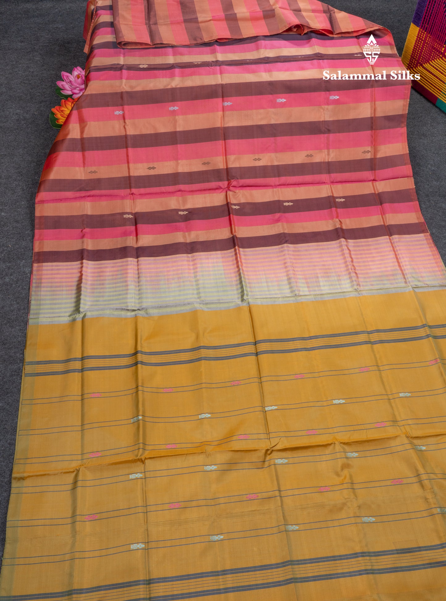 MultiColour Banana Pinth Saree (Vaazhainaar Pattu) With Contrast Olive Mustard Yellow Blouse
