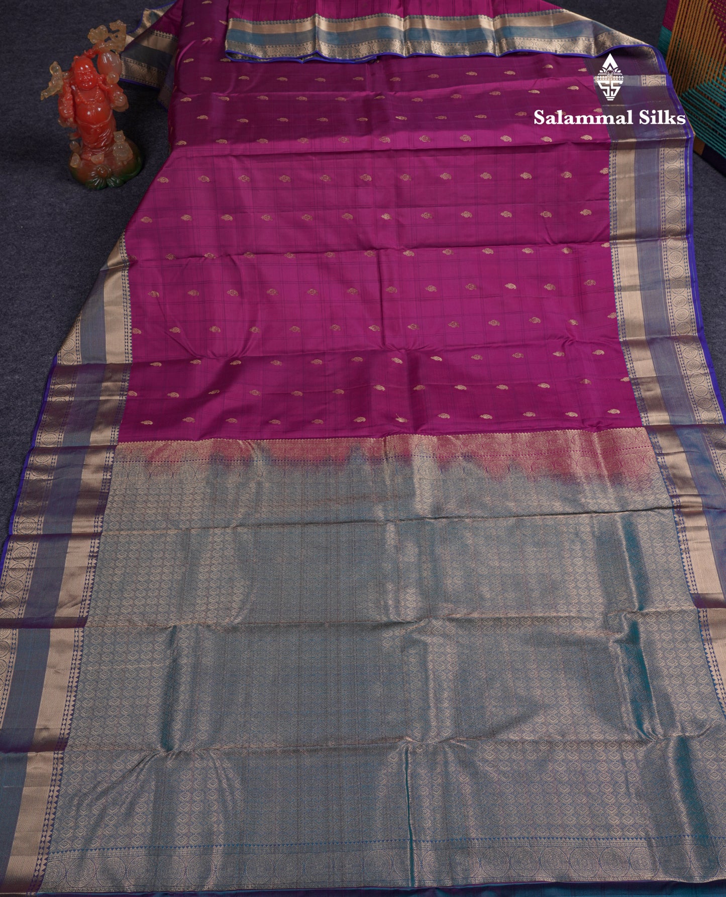 Beautiful Magenta Checks With Butta Pure Kanjivaram Silk Saree With Contrast Dual Tone Blue Traditional Border