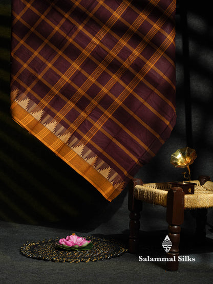 Beautiful Mustard Yellow Thread Checks  Pure Chettinad Cotton Saree With Navy Blue Traditional Temple Border