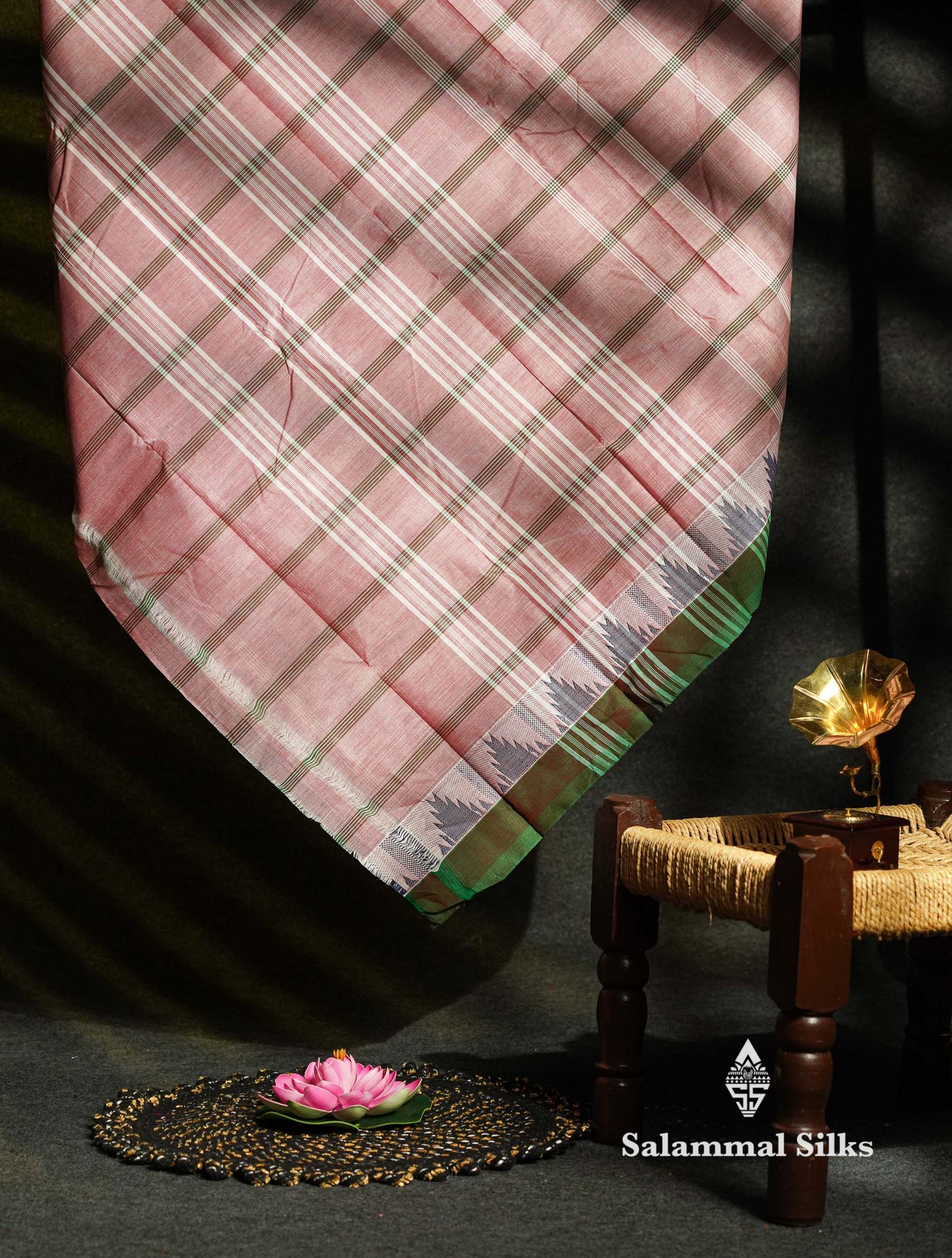 Beautiful Mustard Yellow Thread Checks  Pure Chettinad Cotton Saree With Navy Blue Traditional Temple Border