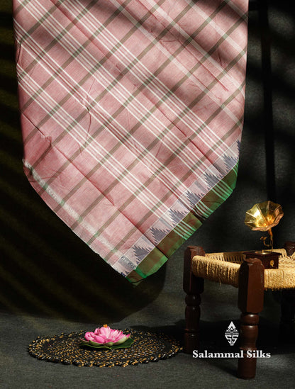 Beautiful Mustard Yellow Thread Checks  Pure Chettinad Cotton Saree With Navy Blue Traditional Temple Border