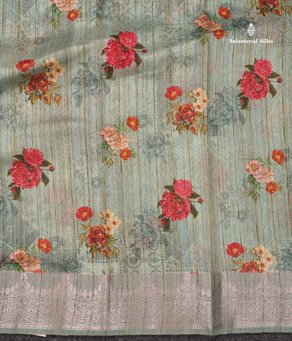 Beautiful Light Pista Green Floral Design Cotton Mix Saree With Fancy Border