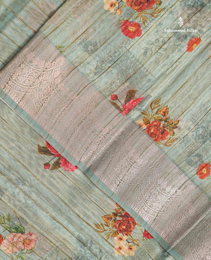 Beautiful Light Pista Green Floral Design Cotton Mix Saree With Fancy Border