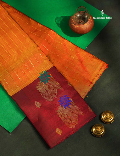 Beautiful Mustard Yellow Pure Kanjivaram Silk Saree With Contrast Maroon Zari & Thread Butta One Side Border