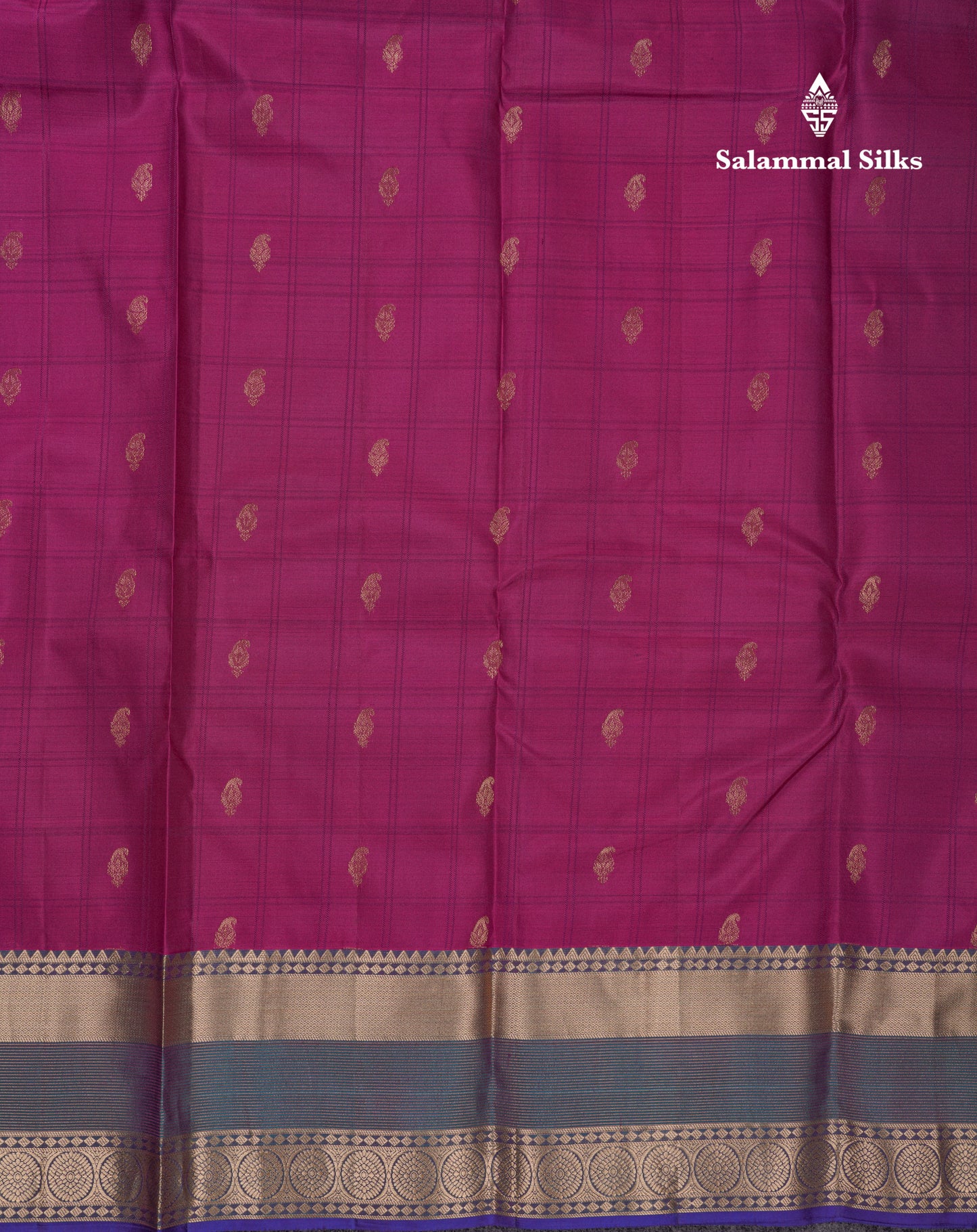 Beautiful Magenta Checks With Butta Pure Kanjivaram Silk Saree With Contrast Dual Tone Blue Traditional Border