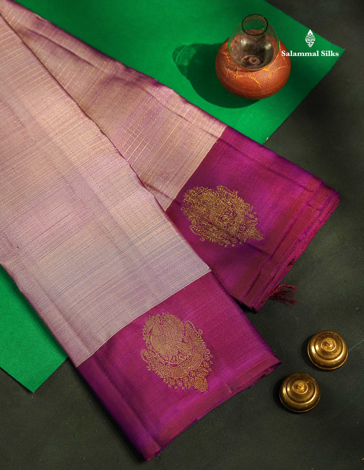 Pure Kanjivaram Silk Saree - Onion Pink Colour Body Small Checks With Contrast Magenta Border