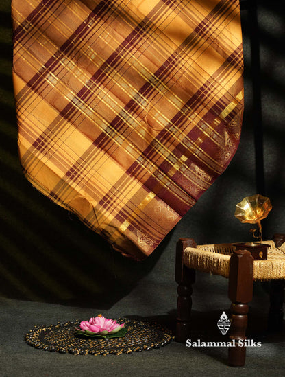 Beautiful Black And White Checks Pure Chettinad Pure Cotton Saree With Traditional Gold Zari Border