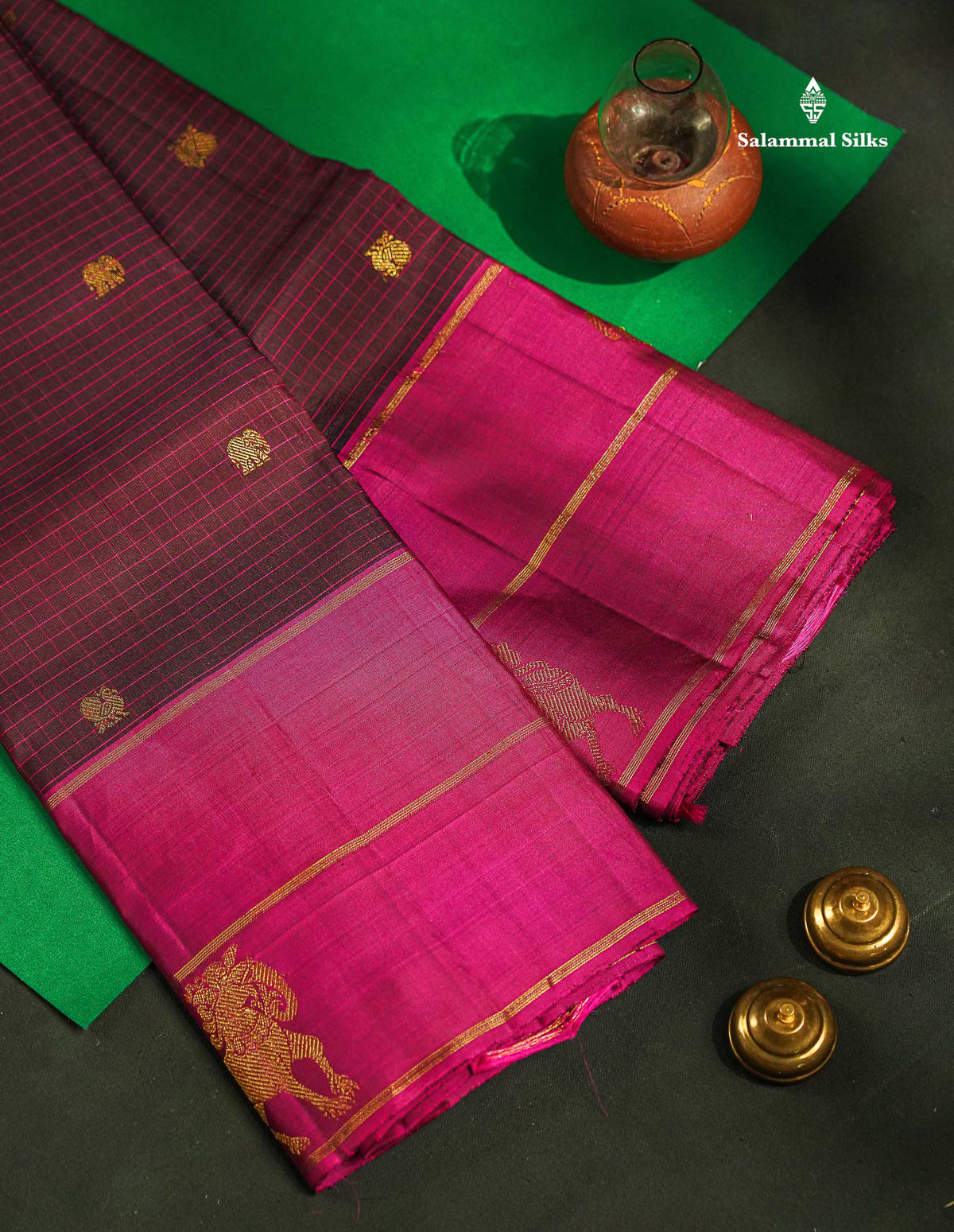 Dark Purple Beautiful Thread Checks Pure Kanjivaram Silk Saree With Vadamalli Traditional Butta Border