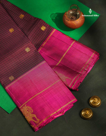 Dark Purple Beautiful Thread Checks Pure Kanjivaram Silk Saree With Vadamalli Traditional Butta Border