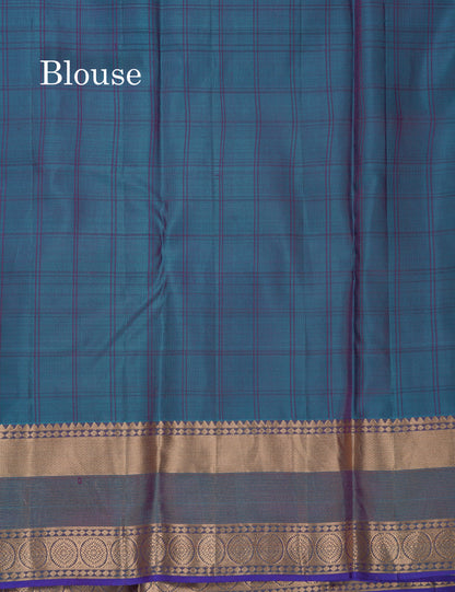 Beautiful Magenta Checks With Butta Pure Kanjivaram Silk Saree With Contrast Dual Tone Blue Traditional Border
