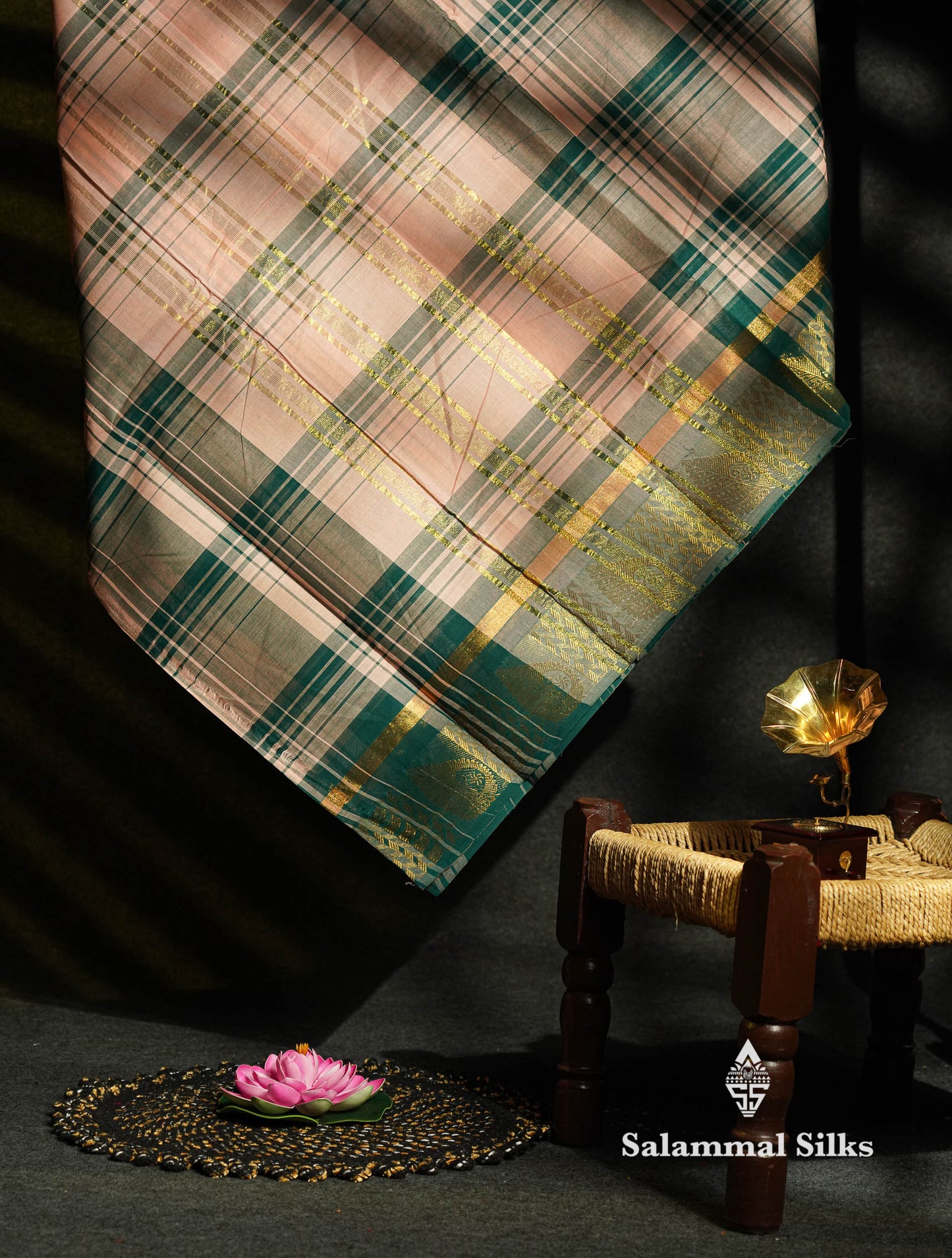 Beautiful Black And White Checks Pure Chettinad Pure Cotton Saree With Traditional Gold Zari Border