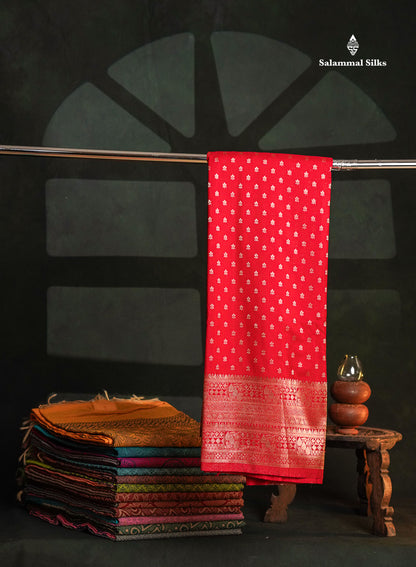 Beautiful Red Semi Georgette Saree With Fancy Self Evening Morning Border