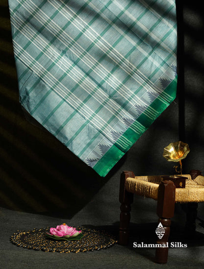 Beautiful Mustard Yellow Thread Checks  Pure Chettinad Cotton Saree With Navy Blue Traditional Temple Border