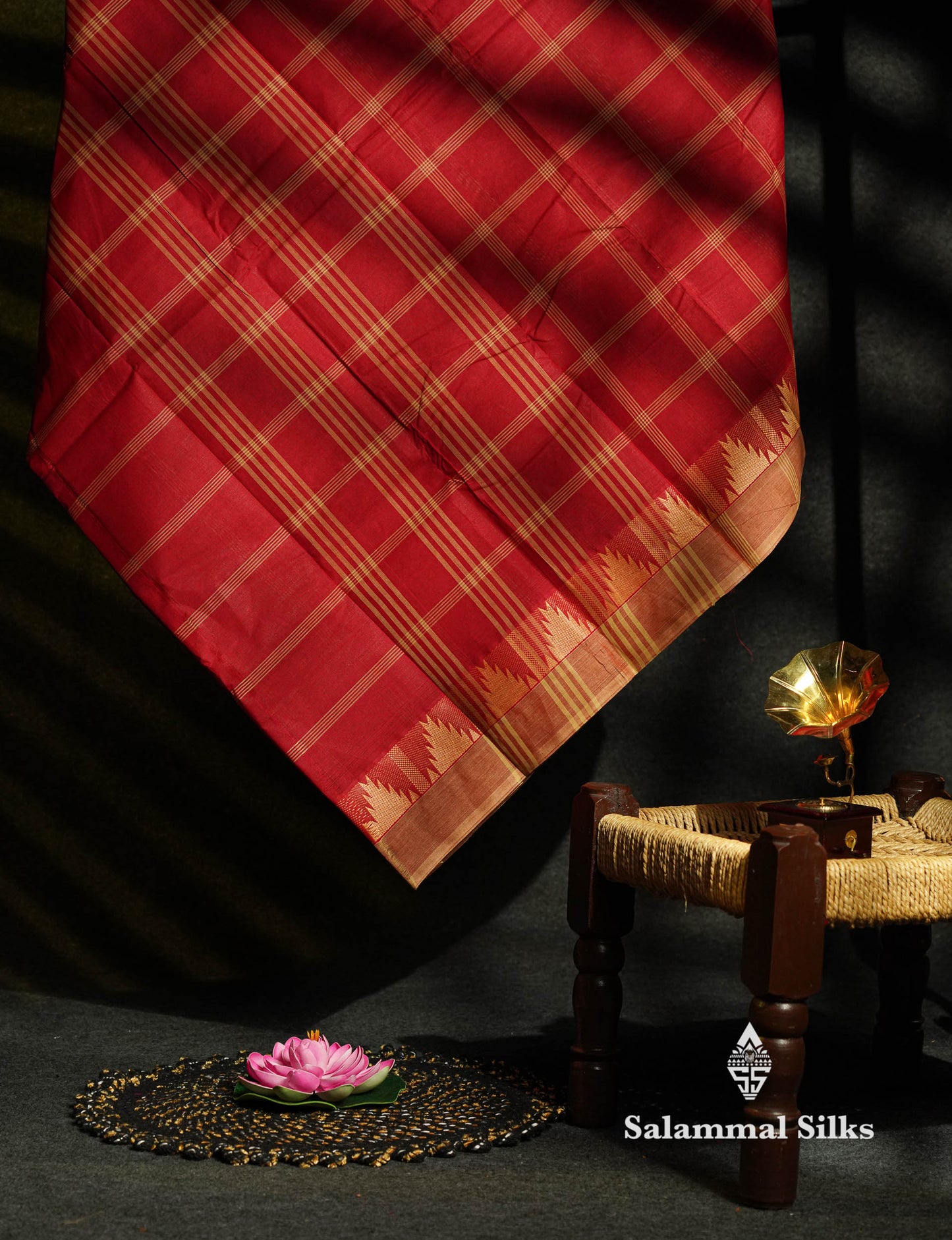 Beautiful Mustard Yellow Thread Checks  Pure Chettinad Cotton Saree With Navy Blue Traditional Temple Border