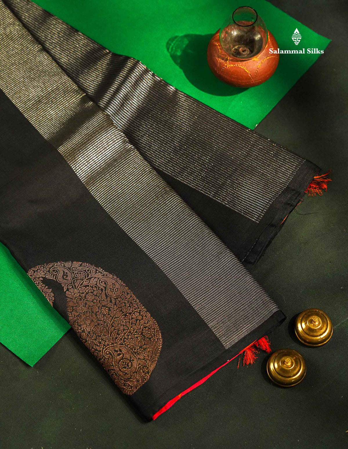 Beautiful Black Fancy Pure Kanjivaram Silk Saree With Contrast Dual Tone Pinkish Orange Blouse