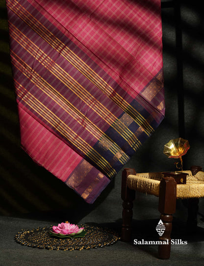 Beautiful Dual Tone Pink Thread Checks Pure Chetinad Cotton Saree With Violet Traditional Border