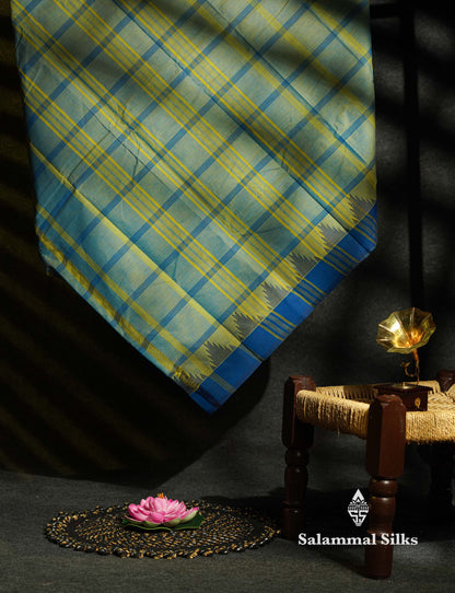 Beautiful Mustard Yellow Thread Checks  Pure Chettinad Cotton Saree With Navy Blue Traditional Temple Border