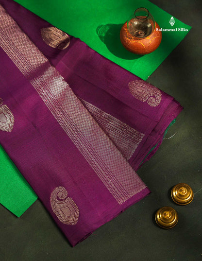 Beautiful Dark Purple Fancy Pure Kanjivaram Silk Saree With Contrast Bottle Green Blouse