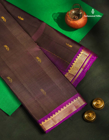 Pure Kanjivaram Silk Saree - Rust Brown Colour Body Small Butta With Contrast Wine Purple Small Border