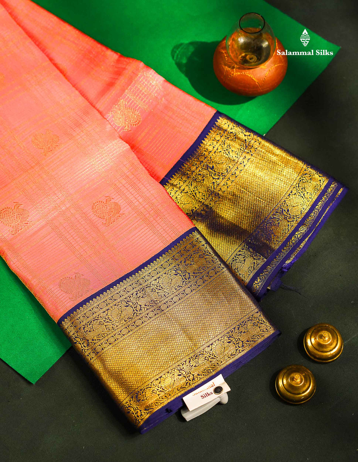 Kanjivaram Korvai Traditional Checks Baby Pink Silk Saree With Violet  Border