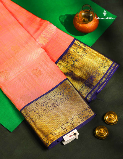 Kanjivaram Korvai Traditional Checks Baby Pink Silk Saree With Violet  Border