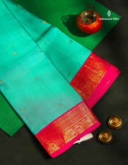 Sapphire Green Vaira Oosi Pure Kanjivaram Silk Saree With Contrast Pink Small Border