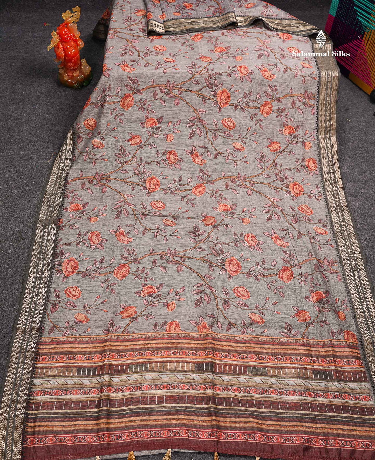 Beautiful Light Grey Floral Design Chanderi Mixed Cotton Saree With Fancy Border