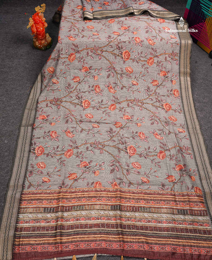 Beautiful Light Grey Floral Design Chanderi Mixed Cotton Saree With Fancy Border