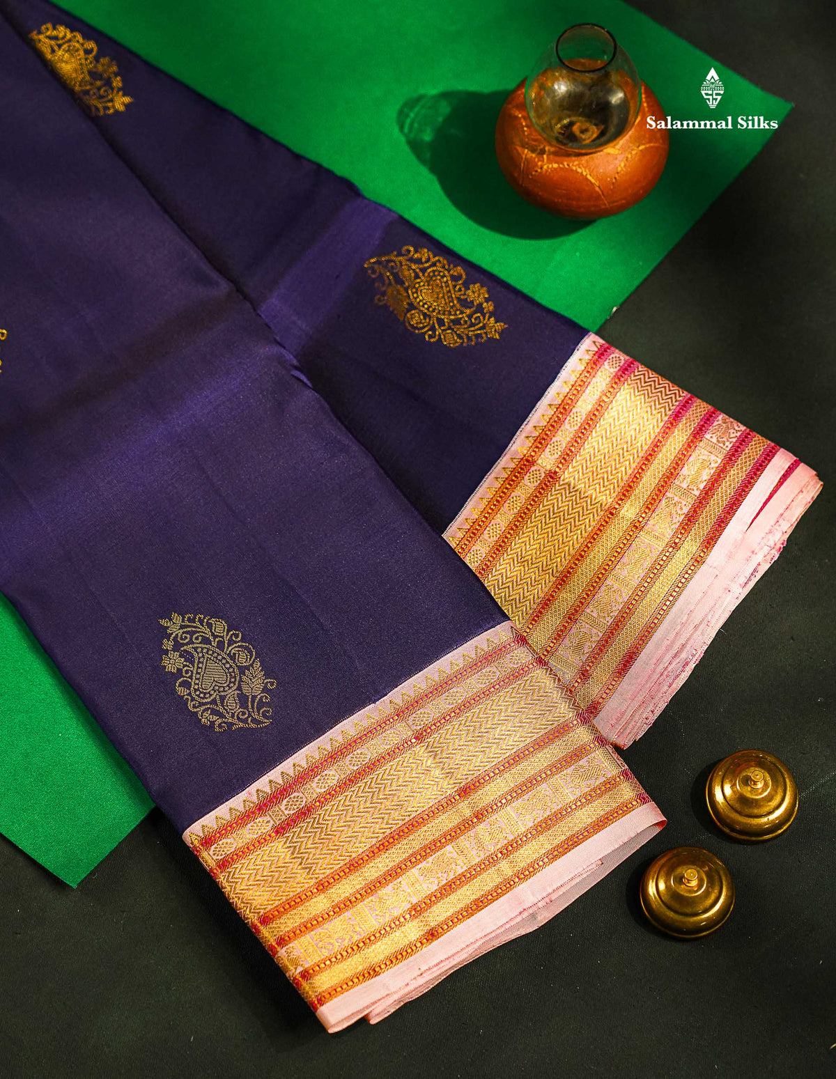 Korvai Beautiful Navy Blue Pure Kanjivaram Silk Saree With Contrast Baby Pink Traditional Medium Border