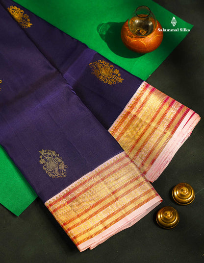 Korvai Beautiful Navy Blue Pure Kanjivaram Silk Saree With Contrast Baby Pink Traditional Medium Border