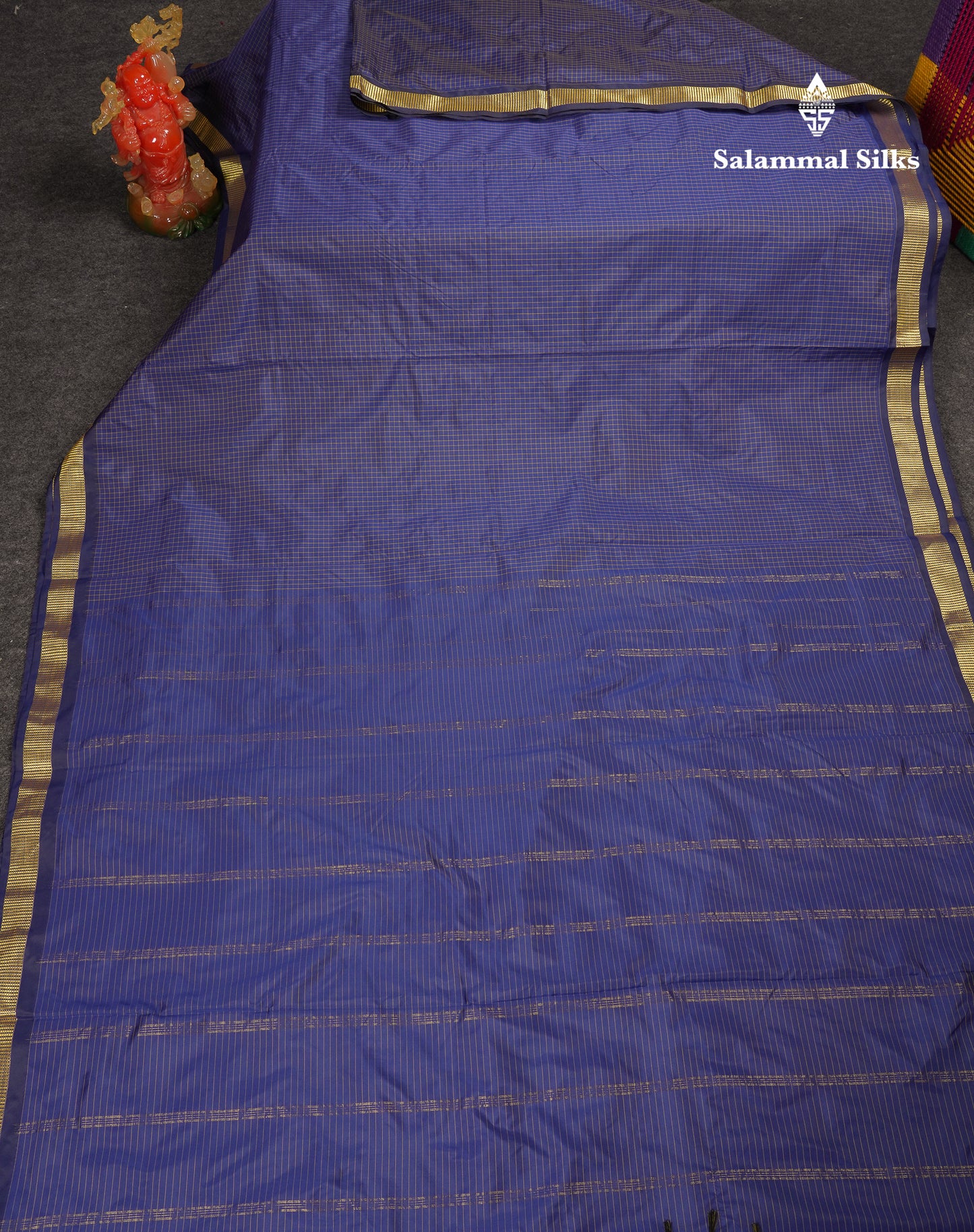 9 Yards Semi Silk Saree Navy Blue Small Checks With Traditional Small Border