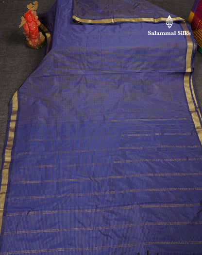 9 Yards Semi Silk Saree Navy Blue Small Checks With Traditional Small Border