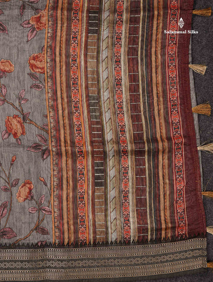 Beautiful Light Grey Floral Design Chanderi Mixed Cotton Saree With Fancy Border