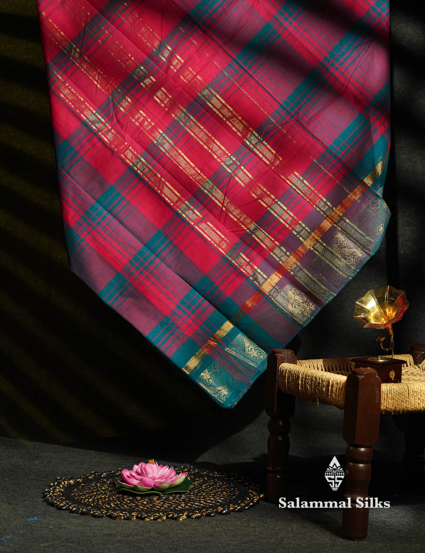 Beautiful Black And White Checks Pure Chettinad Pure Cotton Saree With Traditional Gold Zari Border