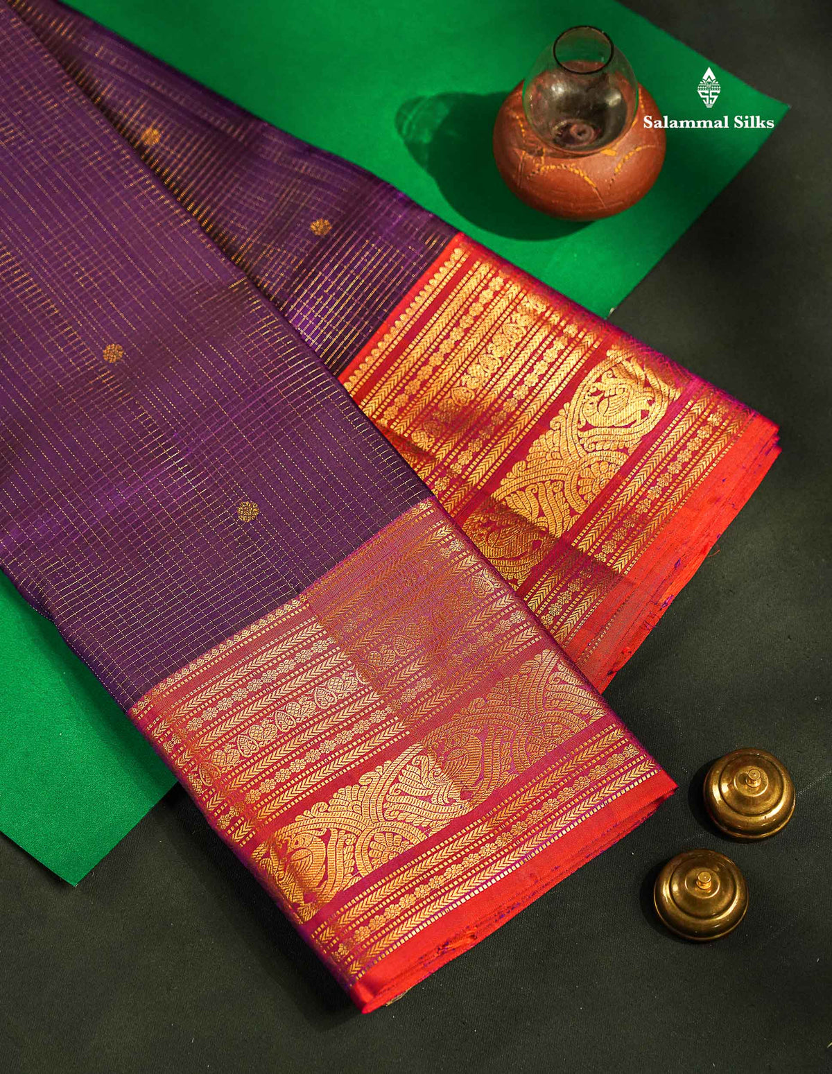 Pure Kanjivaram Silk Saree - Maroon Colour Body Small Checks With Butta & Contrast Orange Border