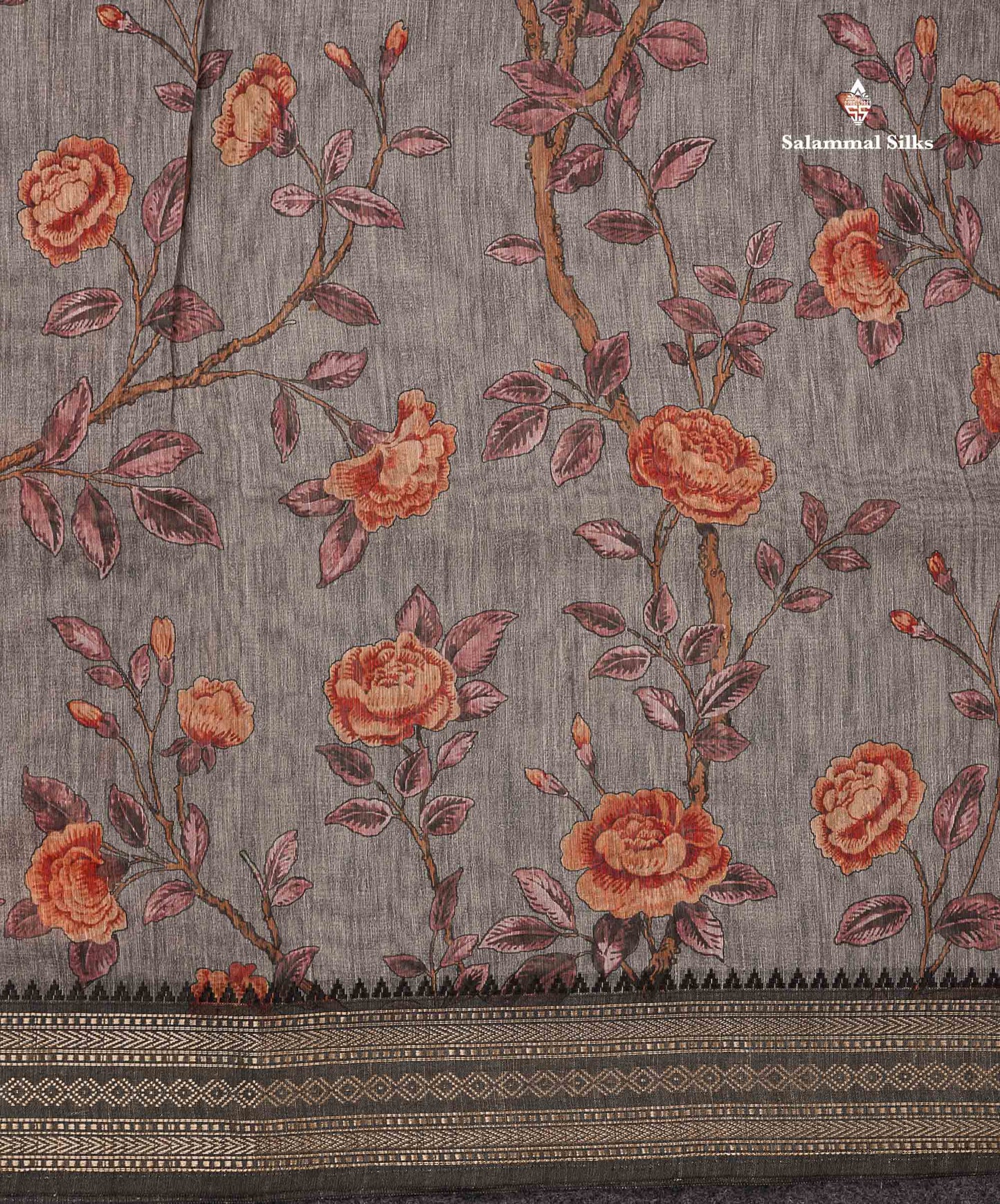 Beautiful Light Grey Floral Design Chanderi Mixed Cotton Saree With Fancy Border