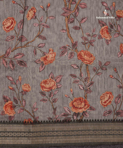 Beautiful Light Grey Floral Design Chanderi Mixed Cotton Saree With Fancy Border