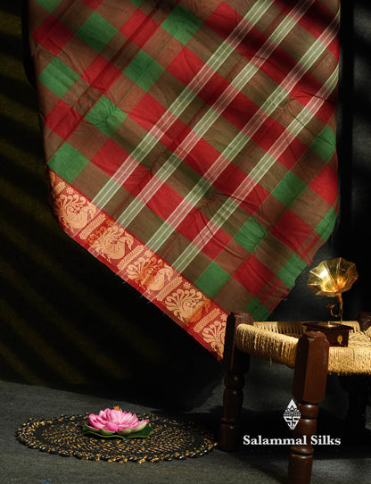 Beautiful Paalum Pazham Checks Chettinad Pure Cotton Saree With Self Thread Work Border